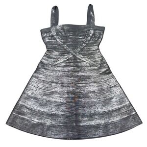 Herve Leger Max Azria Sleeveless Bandage Dress Mini Fit Flare Silver Foil sz M